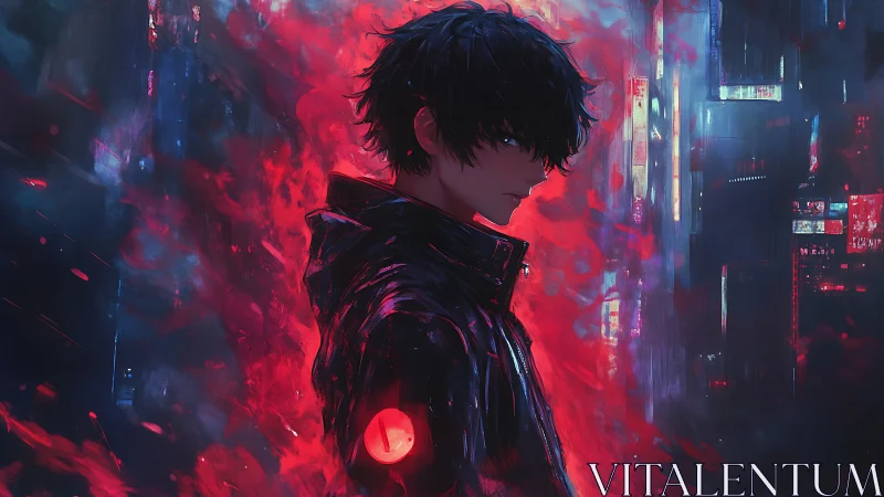 Dark haired figure in neon red and blue cityscape at night.