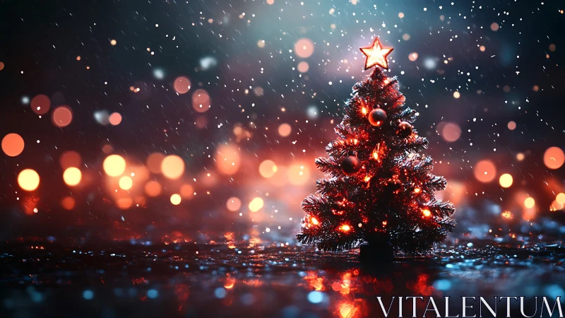Christmas tree stands lit in snow with blurred city lights