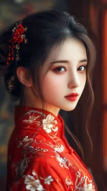 Digital portrait shows woman in red embroidered traditional dress