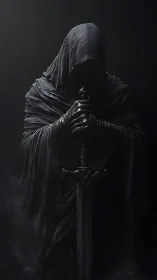 Shrouded wraith knight gripping a greatsword in shadowed void.