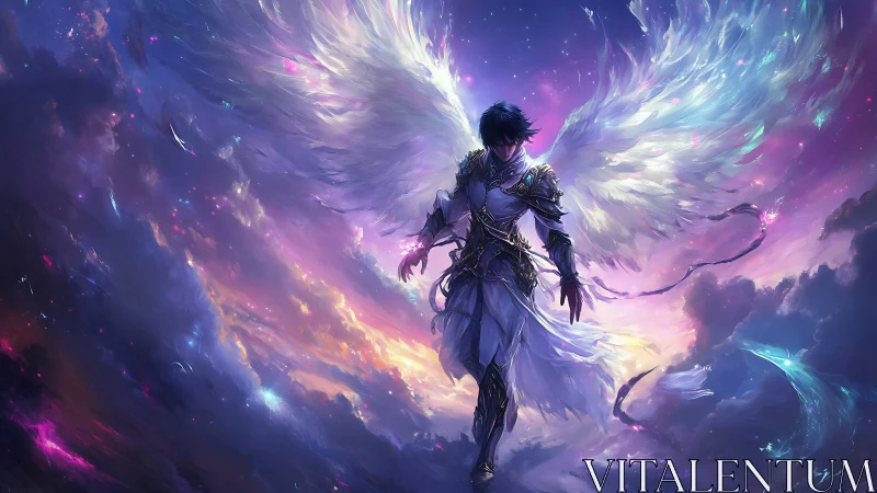 Winged humanoid figure in luminous twilight cloudscape.