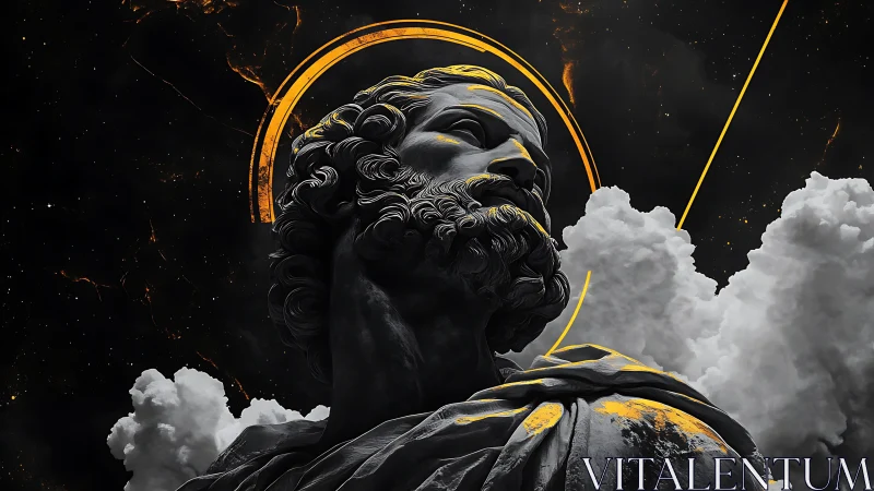 Mythic marble bust under celestial halo and storm clouds.