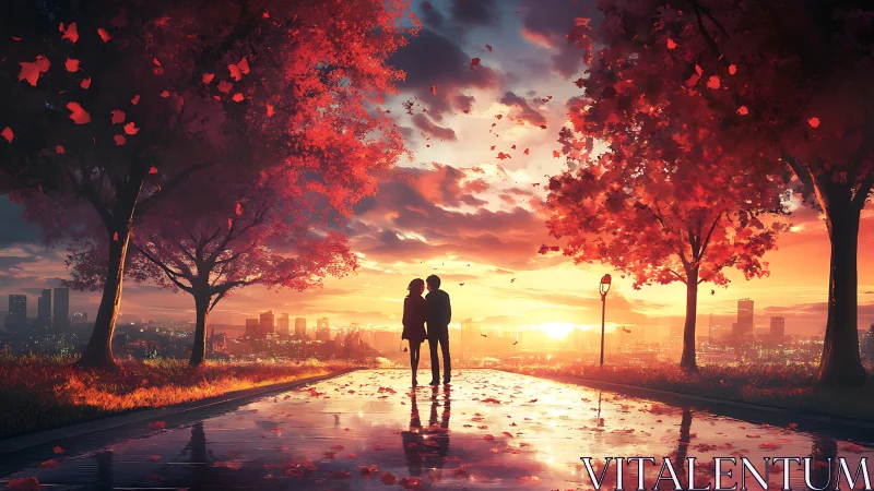 Autumn city overlook with silhouetted couple at reflective sunset
