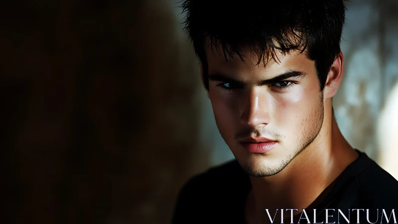 Intense male portrait in dramatic side shadowed lighting.