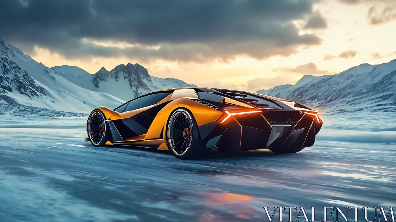 Futuristic orange hypercar on icy mountain plateau at dusk.