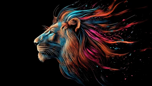 Lion profile with multicolor streaked mane on black background.