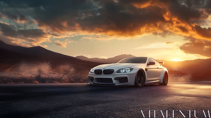 Sleek white sports car glides across a misty sunset highway