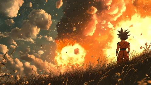 Warrior silhouette observing explosive cosmic skyscape.