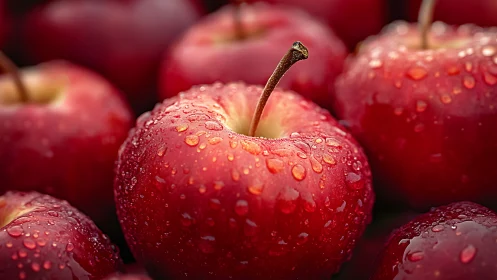 Juicy red apples glistening with fresh morning droplets.