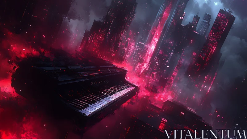 Neon requiem piano adrift in a burning cyber skyline.