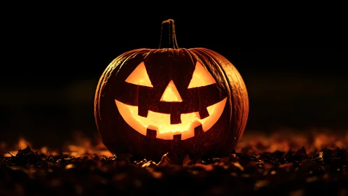 Glowing jack o’ lantern on autumn leaves at nightfall.