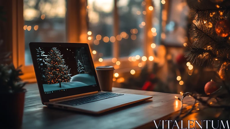 Laptop glows in festive bokeh, cradled by winter lights.