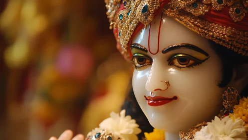 Jeweled divine visage bathed in saffron temple glow.