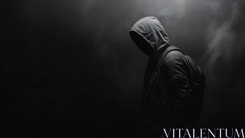 Hooded figure in low key shadowed foggy background.
