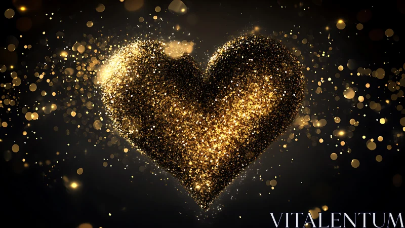 Glittering golden heart dissolves into radiant particle field