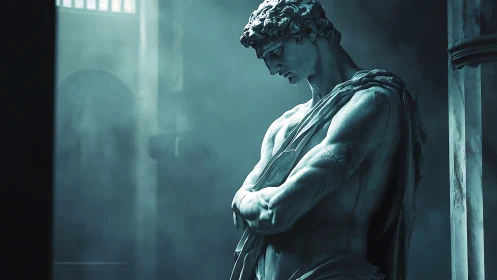 Classical male marble statue in cool directional light.