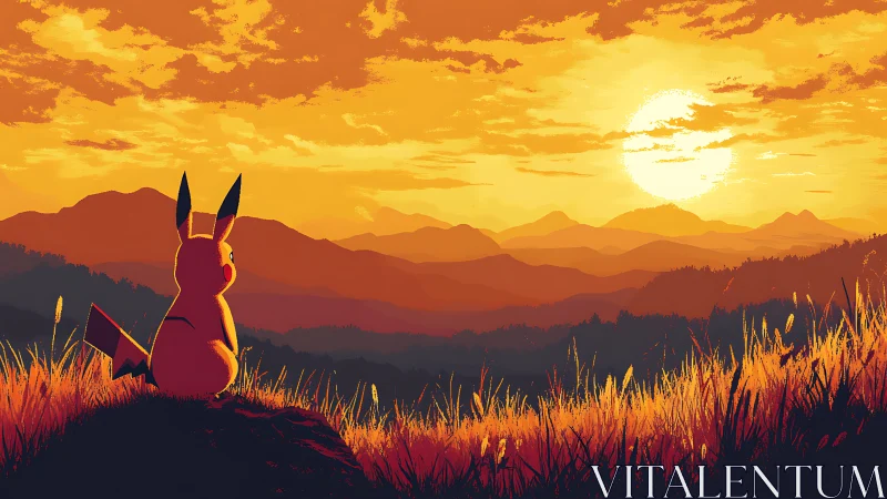 Vector Pikachu silhouette observing stratified sunset horizon.