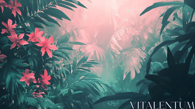 Soft jungle glow wraps pink blossoms in dreamy morning light