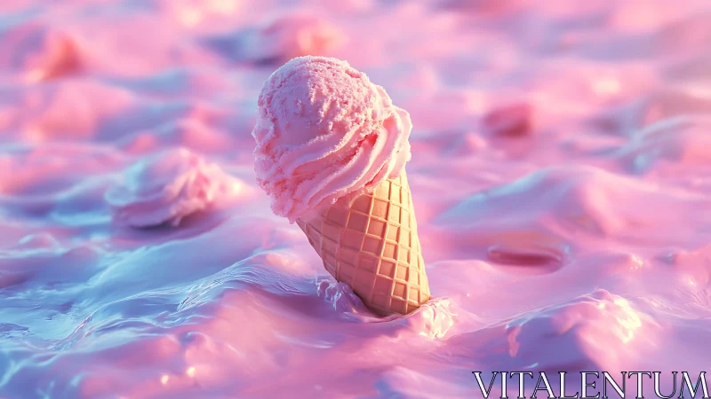 Pink ice cream cone floats in dreamy pastel cream sea.