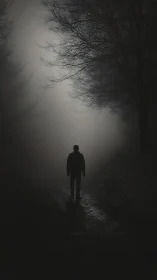 Silhouette on a fogbound woodland path, low-key composition.