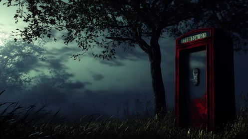 Midnight red phone booth broods in a mist-drenched forest.