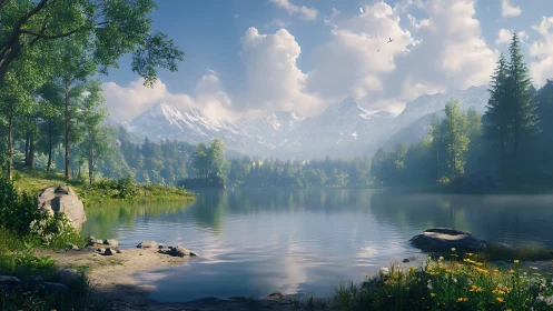 Snow-covered mountain range reflects across calm forest lake