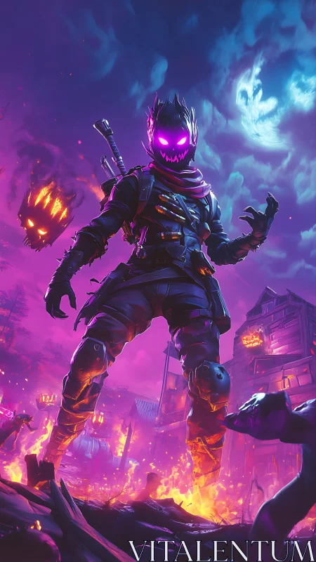 Flaming neon specter strides through burning haunted town