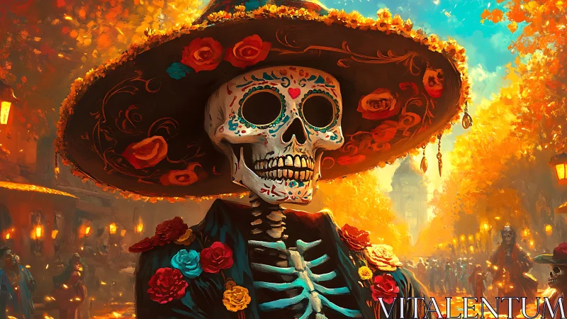 Calavera in bloom leads a golden D&iacute;a de Muertos parade.