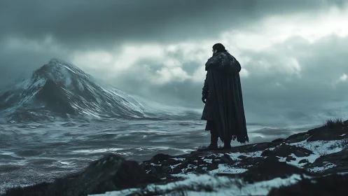 Cloaked wanderer surveys glacial valley beneath storm-laden sky