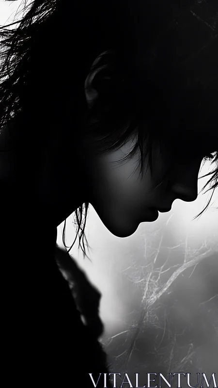 Monochrome side profile of contemplative figure in shadow.