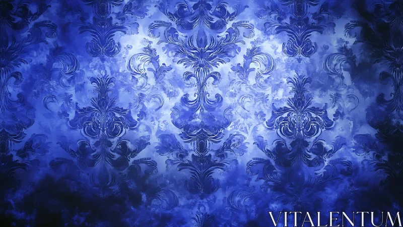 Baroque-inspired blue ornamental damask digital painting background.