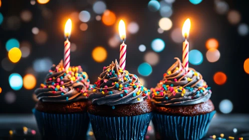 Chocolate Cupcakes with Lit Candles and Festive Bokeh Lights.