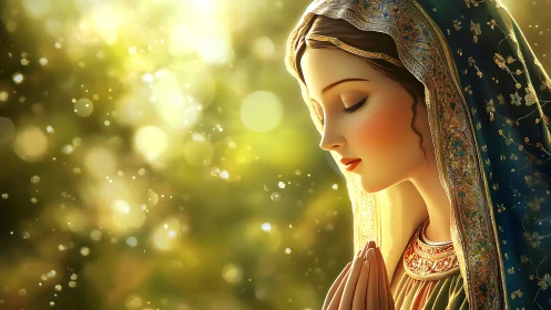 Devout woman in ornate veil praying in golden light.