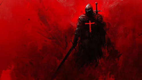 Crusader knight silhouette dominates crimson battlefield