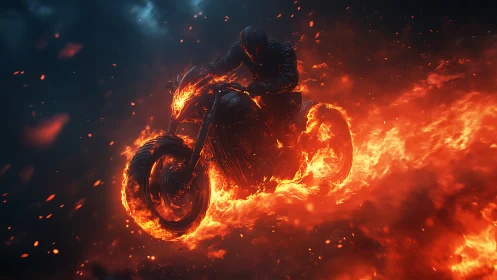 Infernal rider on flaming motorcycle in cinematic motion.