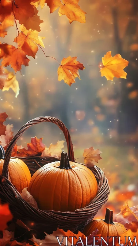 Photorealistic autumn pumpkins in wicker basket composition.