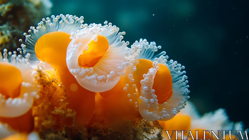 Golden sea anemones glow softly in a tranquil ocean depth