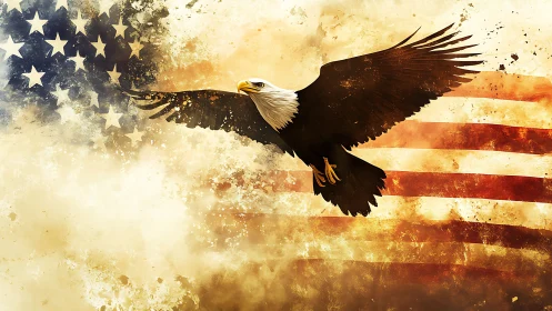 Soaring bald eagle merging with grunge American flag backdrop.