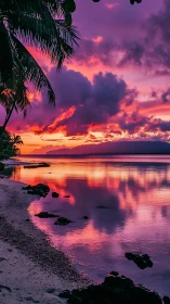 Tropical shoreline under vivid pink and purple sunset sky.