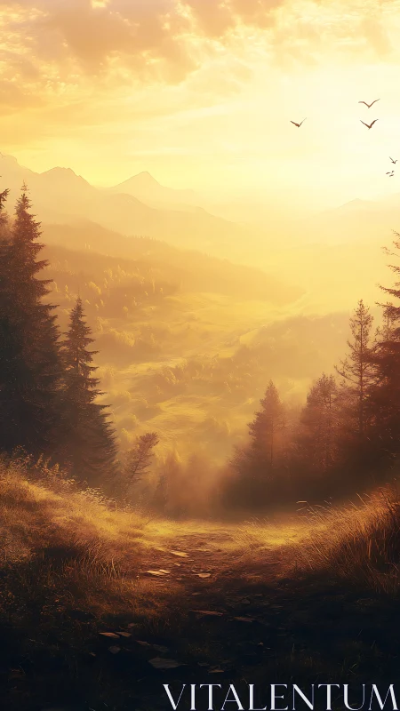 Golden hour mountain valley trail with warm atmospheric haze