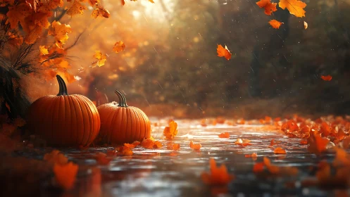 Pumpkins linger by a rainlit autumn creek in ember light.