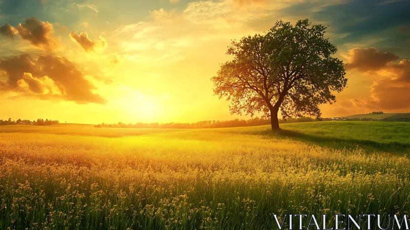 Solitary tree silhouetted in radiant golden hour field.