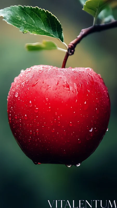 Photorealistic macro of dewy red apple on branch, vertical study.