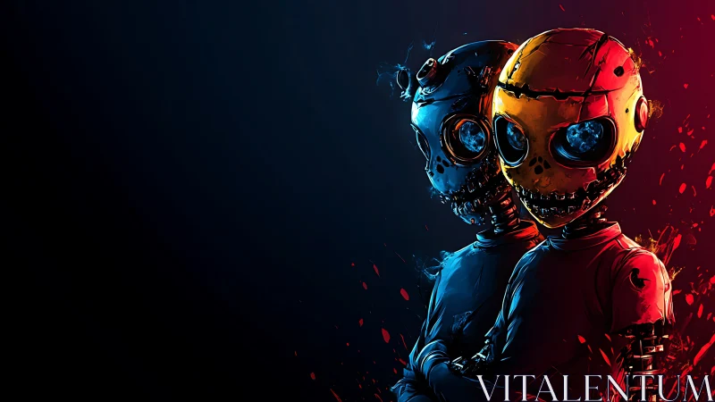 Dual neon skull-bots stand in chromatic split lighting