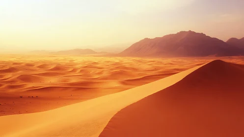 Saffron dunes drifting toward hazy desert mountain horizons.