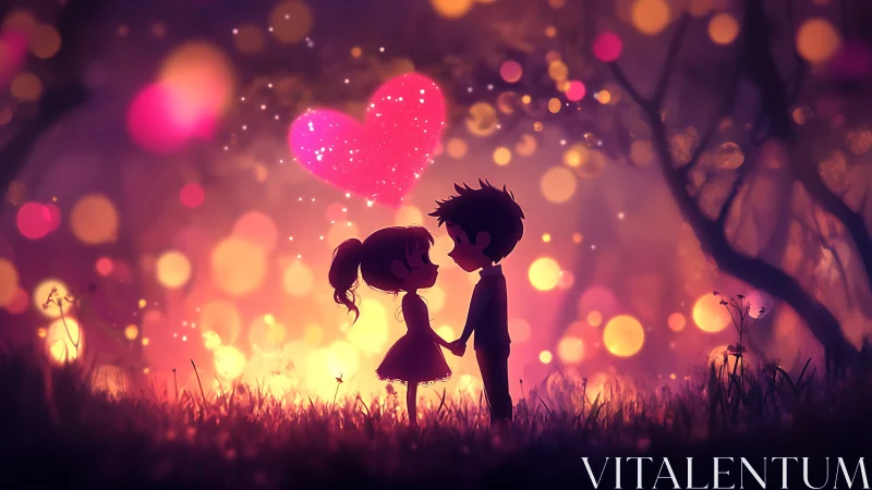 Silhouetted figures with glowing heart shape in dreamlike environment