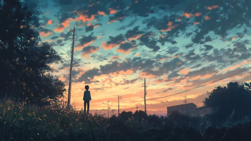 Solitary figure under vivid sunset sky by power lines.