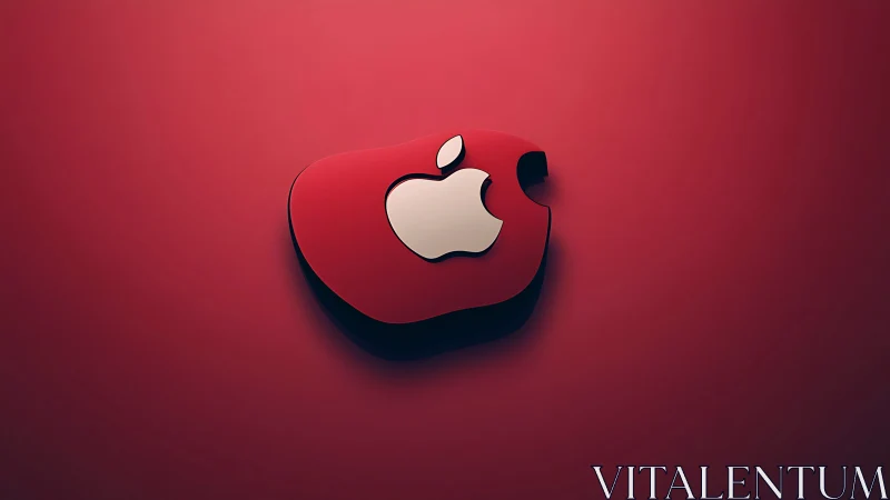 Red 3D apple-shaped emblem with silver logo on red wall.