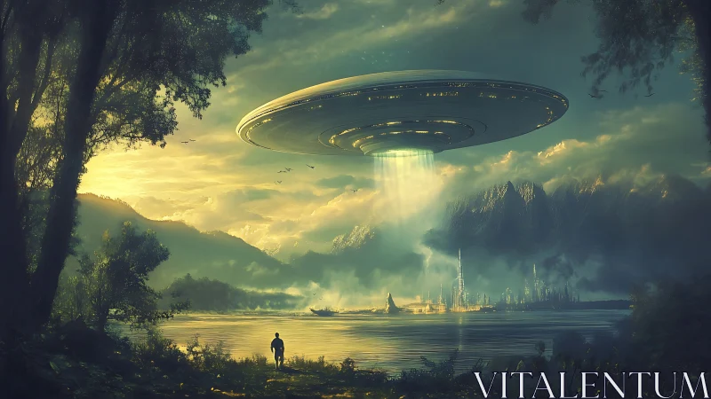 Giant luminous UFO hovers over lake as lone figure observes