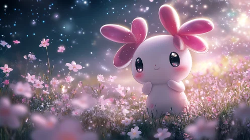 Dreamlit chibi creature in sparkling twilight flower field.